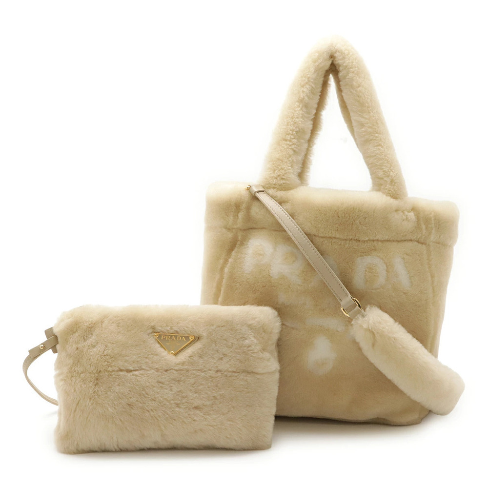 Prada Terry Spugna Tote Bag Shoulder Shearling Beige Cream Pouch